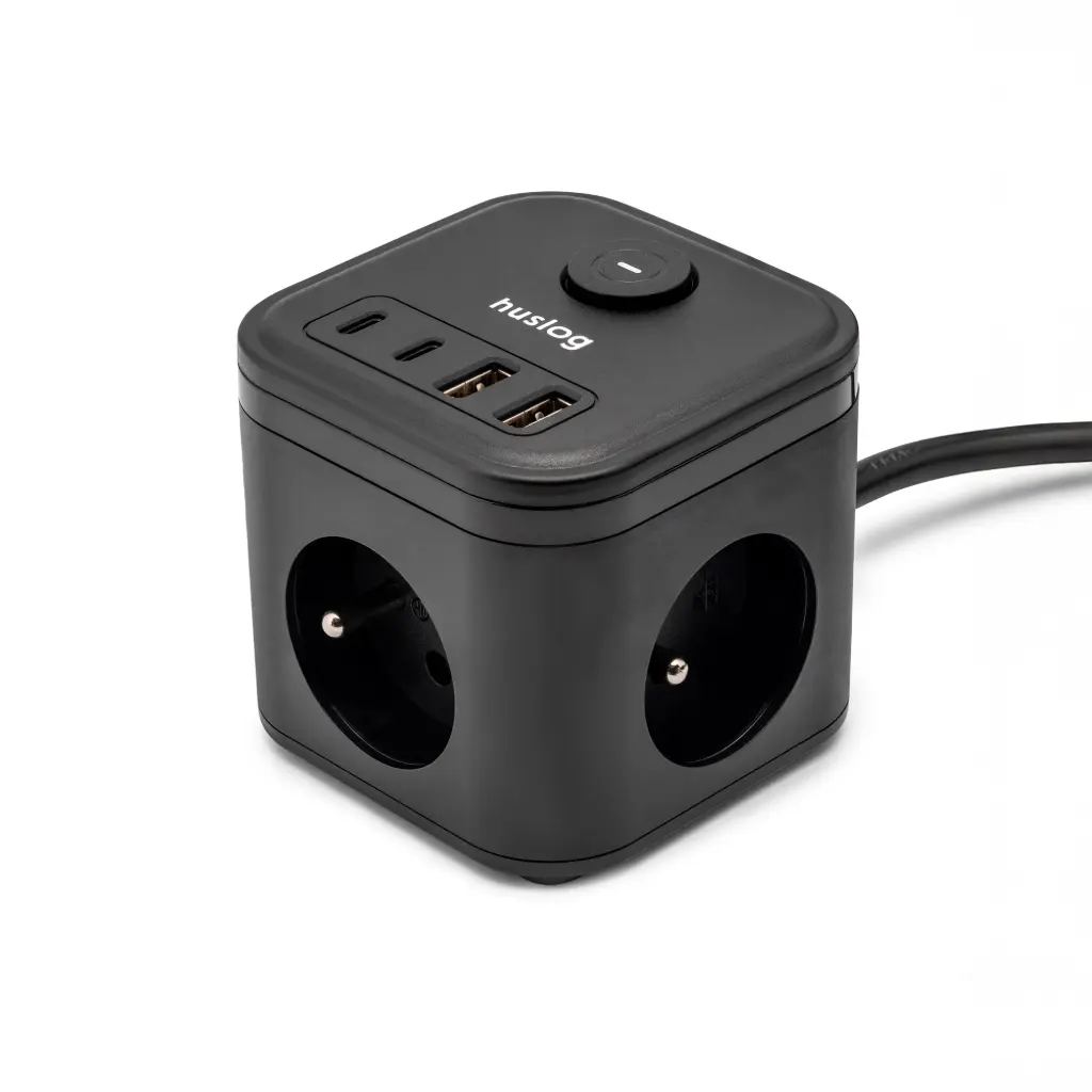 HUSLOG Przedłużacz kostka z USB PowerHub czarny